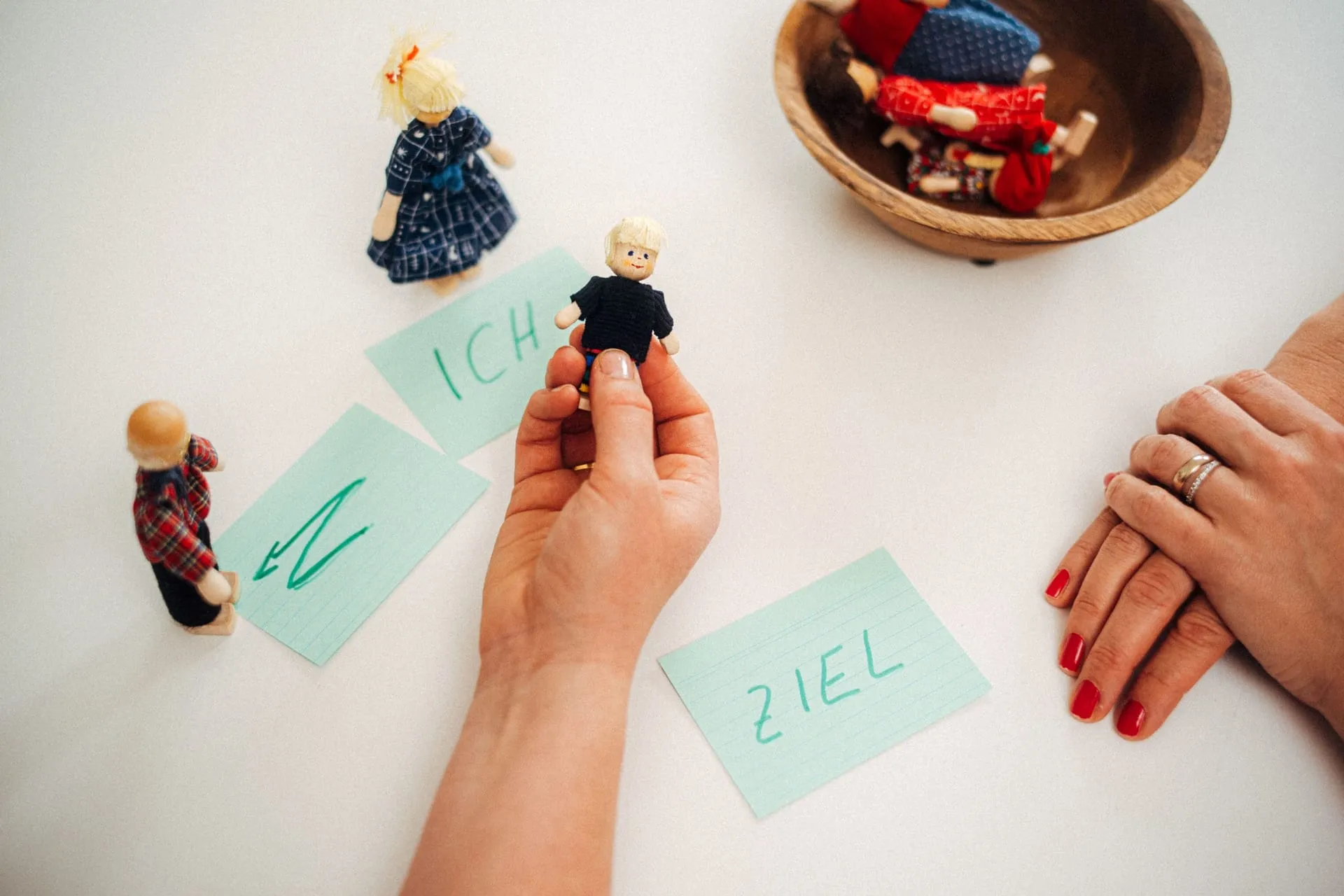 Hände stellen Holzfiguren und Zettel mit „Ich“ und „Ziel“ auf einem Tisch auf – systemische Aufstellung