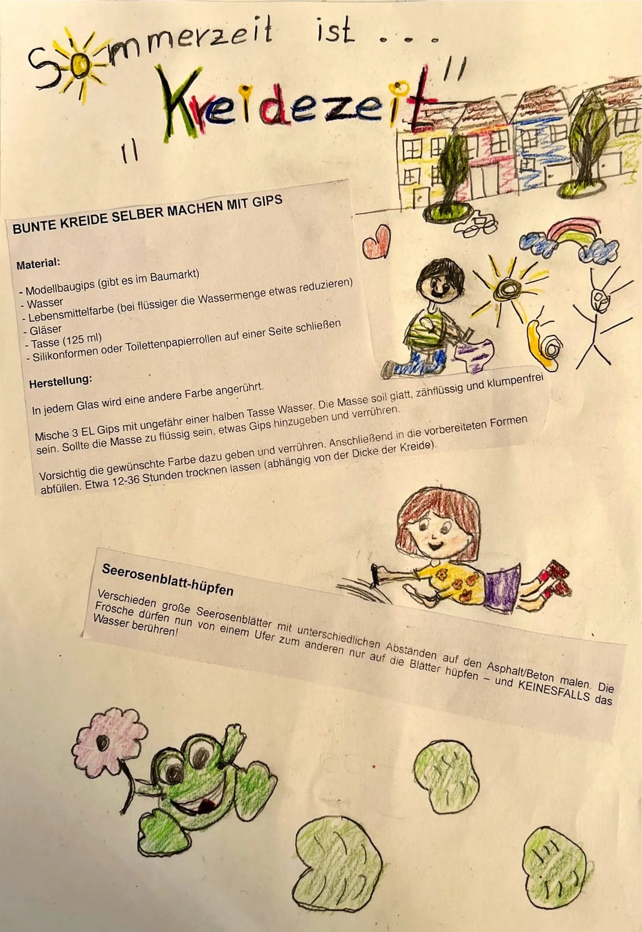 Arbeitsblatt „Kreidezeit“ mit Spielideen und Kinderzeichnungen: Seerosenblatt-Hüpfen